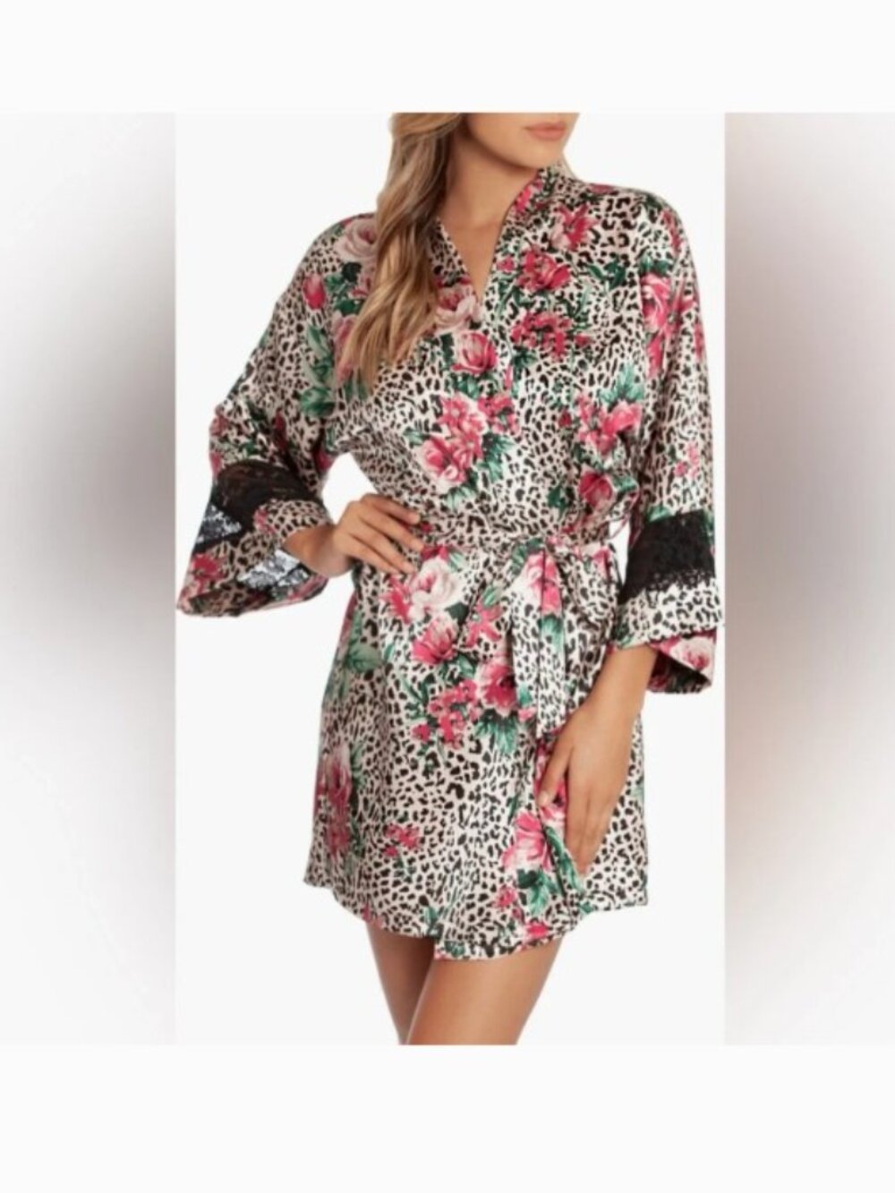New In Bloom by Jonquil Robe Satin Animal Floral Print Lace Trim Wrap M - L